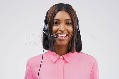 Buy stock photo Portrait, woman and virtual assistant with headset for call centre, communication and smile. Indian female person, pride and microphone for talking, crm agent and happy consultant in studio 