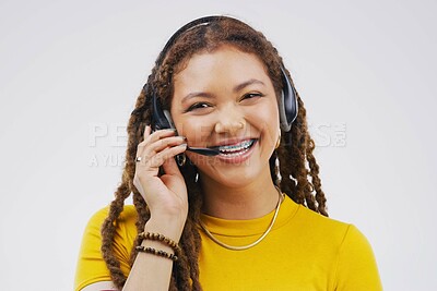 Buy stock photo Portrait, woman and headset for call centre, virtual assistant and communication with smile. Gen z, female person and microphone for pride, talking and crm agent for happy consultant in studio 