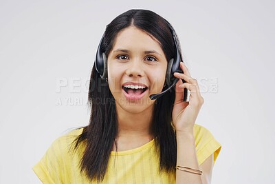 Buy stock photo Woman, portrait and headset in call center on white background with telemarketing or help desk. Customer service, support and technology with voip for contact on internet with telemarketer in France