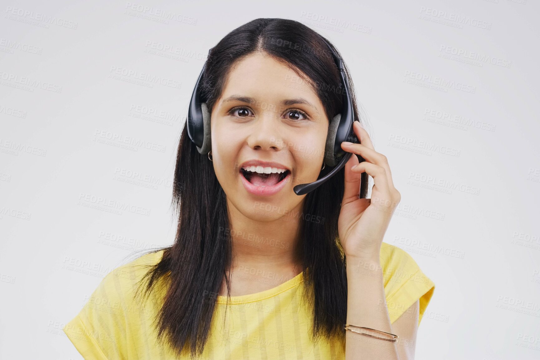 Buy stock photo Woman, portrait and headset in call center on white background with telemarketing or help desk. Customer service, support and technology with voip for contact on internet with telemarketer in France