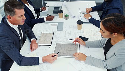 Buy stock photo People, business and architecture or tablet with floor plan or teamwork planning, designer or partnership. Men, woman and digital blueprint for real estate building or b2b project, creative or app