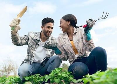 Buy stock photo Farm, high five and man and woman celebrating farming success during harvest in a plantation garden. Multiracial, successful teamwork and celebration of agriculture or eco friendly farming 