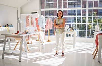 Buy stock photo Woman, fashion and designer with arms crossed for small business, management or entrepreneur at the workplace. Portrait of happy female business owner in clothing startup, studio interior or workshop