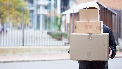 Buy stock photo Courier person, street and walking with boxes, service and delivery in urban city for supply chain job. Logistics worker, package and road for customer satisfaction, product and commerce in metro cbd
