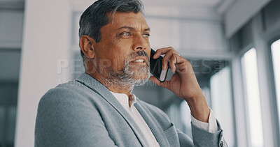 Buy stock photo Phone call, mature man and ceo talking, conversation or communication in office. Smartphone, serious manager and business discussion of contact listening to news, networking and thinking in company