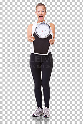 Buy stock photo Scale, success and fitness with portrait of woman on transparent background for weight loss, wow and workout. Exercise, winner and goals with person isolated on png for training, diet and health