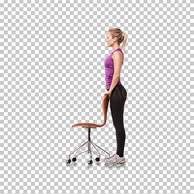 Buy stock photo Fitness, standing and woman with a chair for posture correction after a workout or exercise. Wellness, sports and young female athlete doing sport training isolated by a transparent png background.