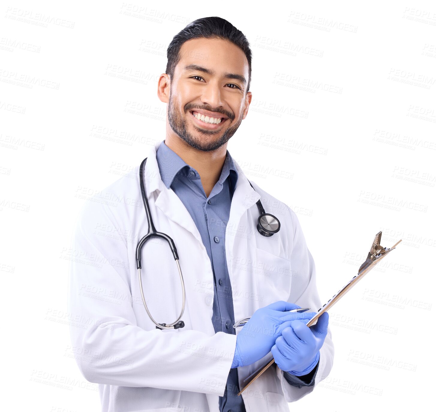 Buy stock photo Doctor, clipboard and man with list and health insurance documents in portrait isolated on transparent png background. Male physician, medical policy paperwork and smile with healthcare and service