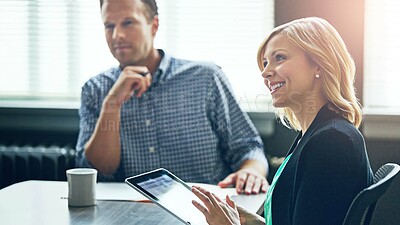 Buy stock photo Meeting, research and woman typing on tablet with notes, app or online planner in office. Happy, business people and tech for writing teamwork agenda, reminder or project manager planning an idea