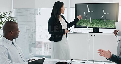 Buy stock photo Business woman, windmill presentation and screen in office for innovation, energy and sustainable future. Engineering consultant, leader and team for brainstorming, wind power and clean electricity
