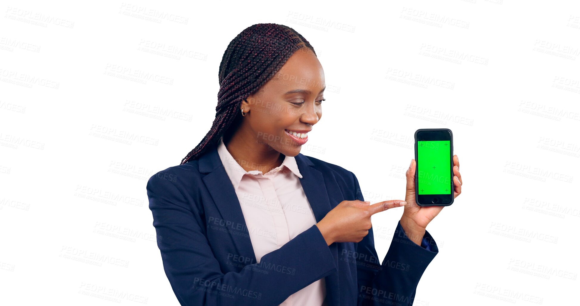 Buy stock photo Professional woman, point and smartphone with green screen for sales, smile and employee. Person, happiness and technology of mobile with internet and isolated transparent background and png