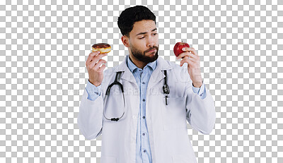 Buy stock photo Doctor, apple and donut for choice in nutrition, thinking and isolated on transparent png background. Man, wonder and medical professional for decision in diet, food and snack or offer for eating