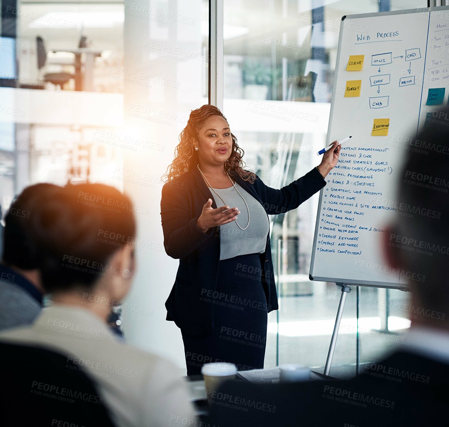 Buy stock photo Woman, presentation and business strategy for planning, budget and project management in office. Team leader, workshop and meeting with company employee for training, brainstorming and proposal