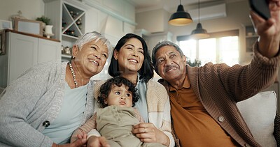 Buy stock photo Grandparents, woman and baby in selfie, home and bonding with love, support and relax for memory on social media. Elderly woman, old man and mom with child, together and photography in family house