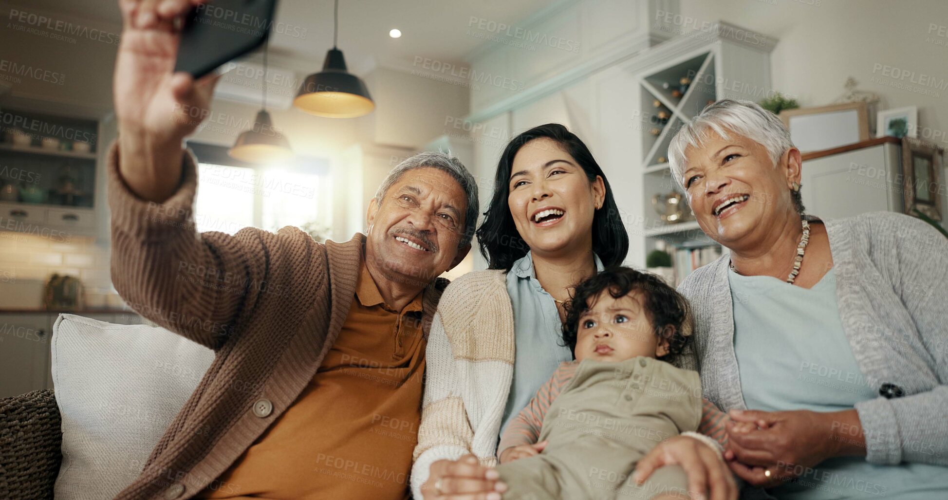 Buy stock photo Grandparents, woman and baby in selfie, home and bonding with love, support and relax for memory on social media. Elderly woman, old man and mom with child, together and photography in family house