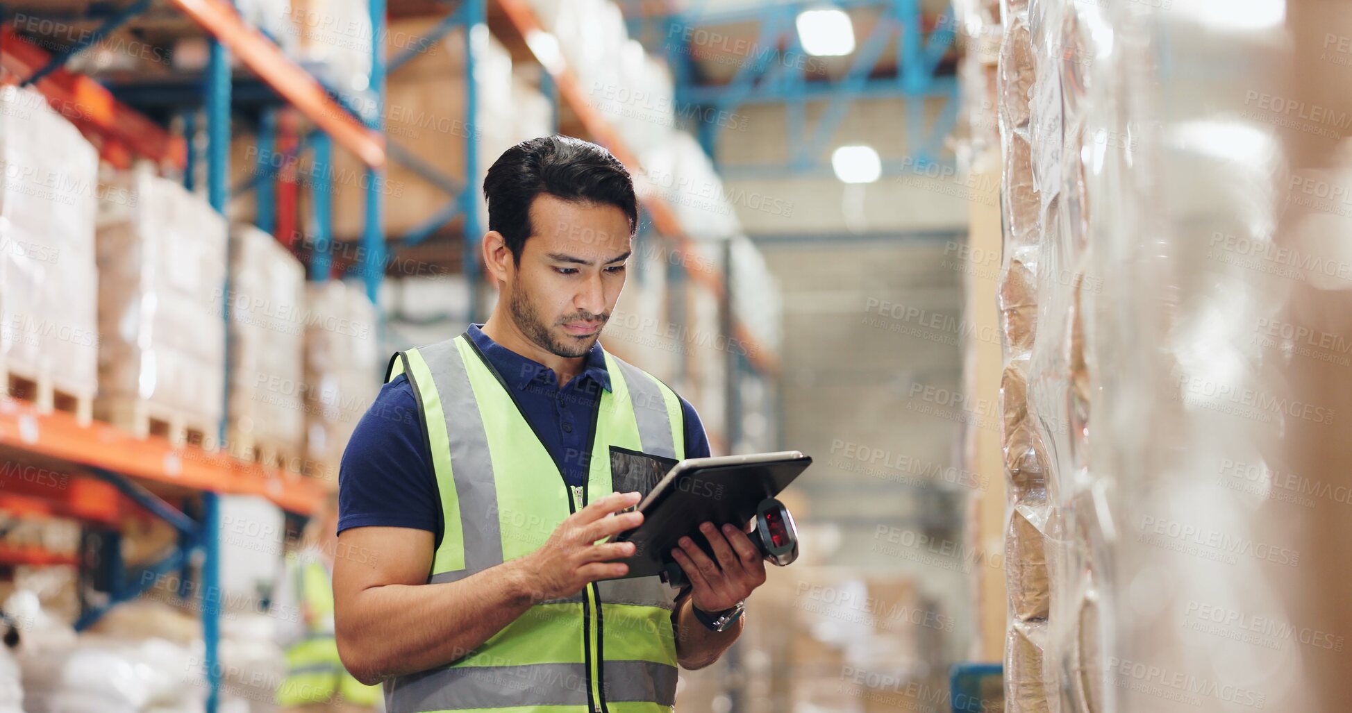 Buy stock photo Man, boxes and scanner with tablet in logistics, e commerce or inventory of order or courier solution. Serious industrial worker with digital software for price check, information or package schedule