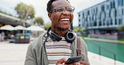 Buy stock photo Education, funny and phone with student black man on campus of college or university for learning. Development, laughing and music with happy person outdoor at school for growth, scholarship or study