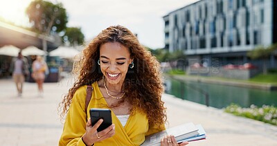 Buy stock photo Education, phone and smile with student woman on campus of college or university for learning. Books, funny and social media with happy person outdoor at school for growth, scholarship or study