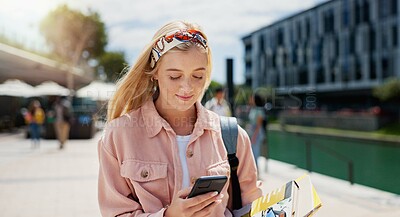 Buy stock photo Outdoor, student and girl with cellphone, typing and reading of message, notification and results for exam. Campus, mobile and person with scholarship in college, happy and online with pass of test