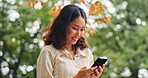 Japanese woman, smile and phone outdoor of travel location, communication and directions translation. Happy, person and mobile of chatting, research and information of morning commute in Japan nature