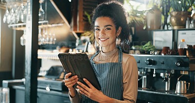 Buy stock photo Cafe, happy woman and portrait with tablet for small business, hospitality and tracking stock. Coffee shop, female person and barista with digital for customer service, retail store and online order