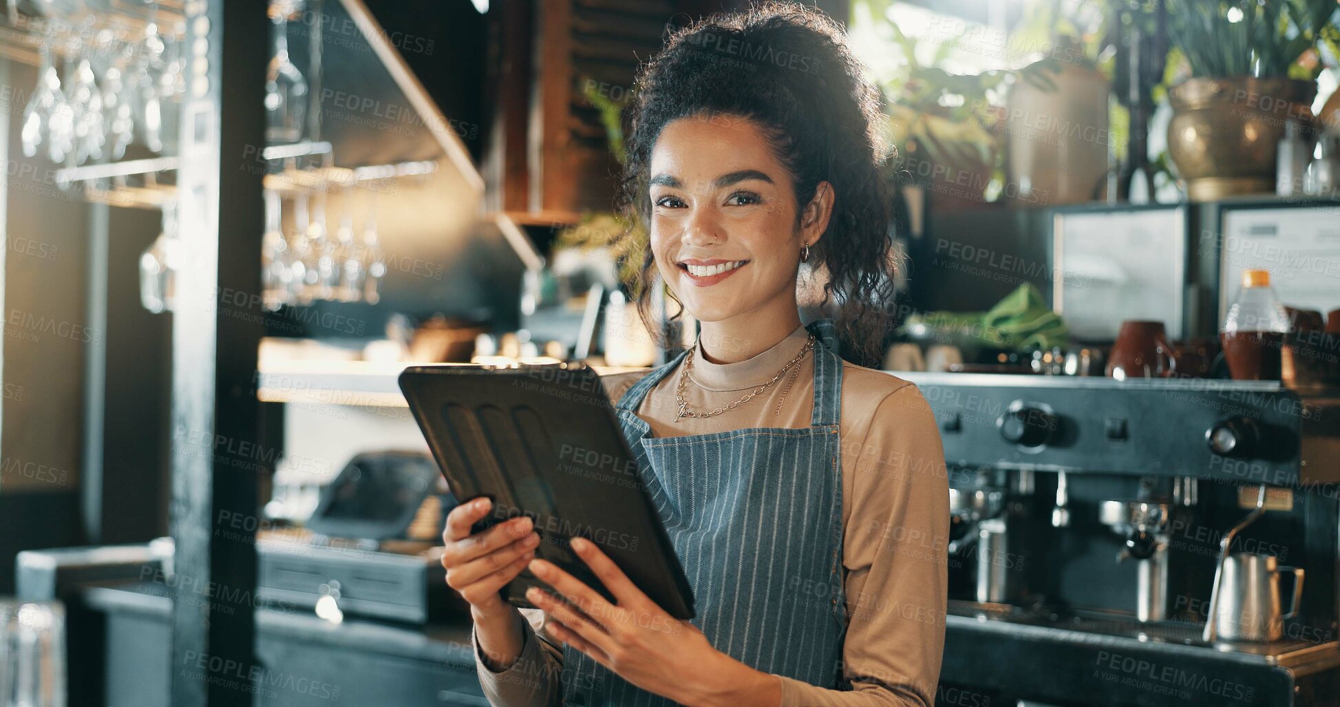 Buy stock photo Cafe, happy woman and portrait with tablet for small business, hospitality and tracking stock. Coffee shop, female person and barista with digital for customer service, retail store and online order