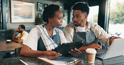 Buy stock photo  Laptop, checklist and teamwork with people in cafe for product inventory, supplier contact or budget discussion. Menu discount, restaurant and small business owner with employee in coffee shop