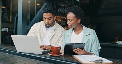 Buy stock photo Cooperation, laptop and business people in restaurant, tablet and coworking for proposal. Teamwork, tech and journalist in cafe, pc and research for article, press release and review with editing