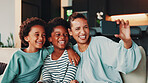 Selfie, African and mom with children on sofa for social media, profile picture and online post in home. Happy family, relax and mother with kids take photo for bonding, fun and relationship together