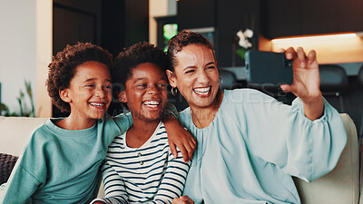 Buy stock photo Selfie, African and mom with children on sofa for social media, profile picture and online post in home. Happy family, relax and mother with kids take photo for bonding, fun and relationship together