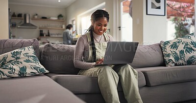 Buy stock photo Home, student and woman with laptop, smile and university with education, email for project and phd proposal. Assignment, college task and person on sofa, pc and research for scholarship or elearning