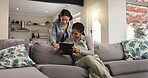 Lounge, friends and women with tablet, home and students with smile for research, bonding and relax. House, girls and people with tech for studying, online and happiness for education in living room