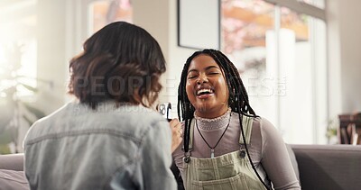 Buy stock photo Bonding, friends and women with smartphone, home and laughing at gossip on social media or conversation. House, smile and people with mobile for funny news on post, reunion or together in living room