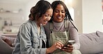 Browsing, friends and women with smartphone, lounge and laughing at gossip on social media and home. Bonding, smile and people with mobile for funny news on post, living room and together in house