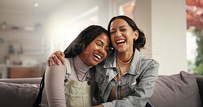 Buy stock photo Hug, laugh and relax with friends on sofa for reunion, bonding and happiness. Funny conversation, love and support with women and embrace in living room at home for trust, communication and care