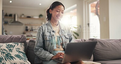 Buy stock photo Home, student and teenager on couch, laptop and smile with education, email for project or assignment. Connection, college task or happy person with computer, university or research for scholarship