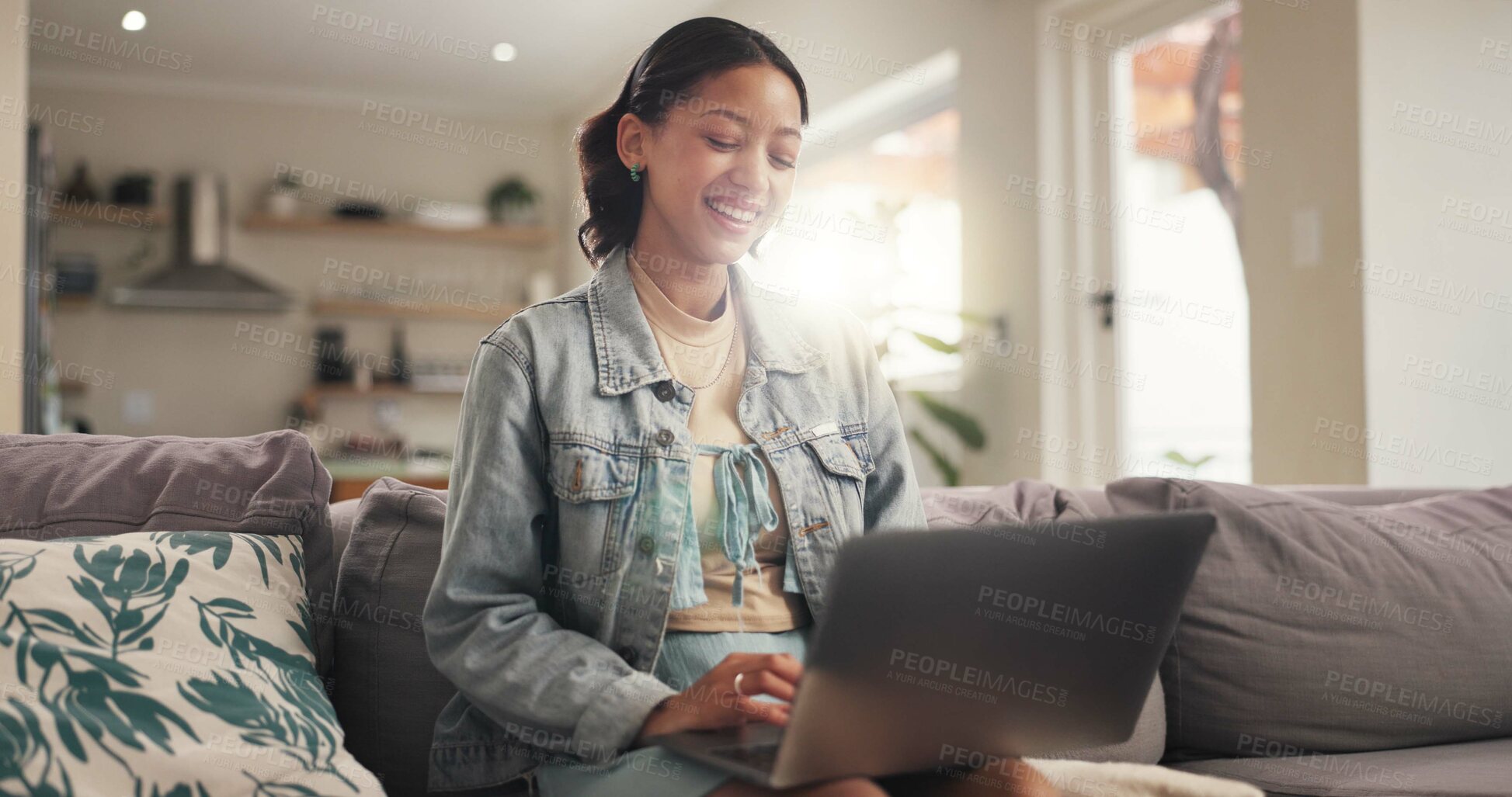 Buy stock photo Home, student and teenager on couch, laptop and smile with education, email for project or assignment. Connection, college task or happy person with computer, university or research for scholarship