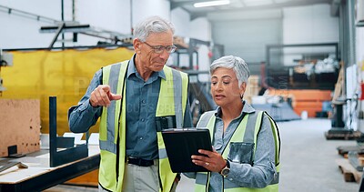 Buy stock photo Mature people, engineer and tablet at factory for planning, supply chain and inventory management. Man, woman and teamwork with digital for manufacturing, logistics feedback and production checklist