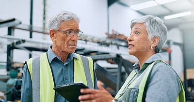 Buy stock photo People, mature engineer and tablet at factory for planning, supply chain and inventory management. Staff, teamwork and digital for manufacturing solution, logistics feedback and production checklist