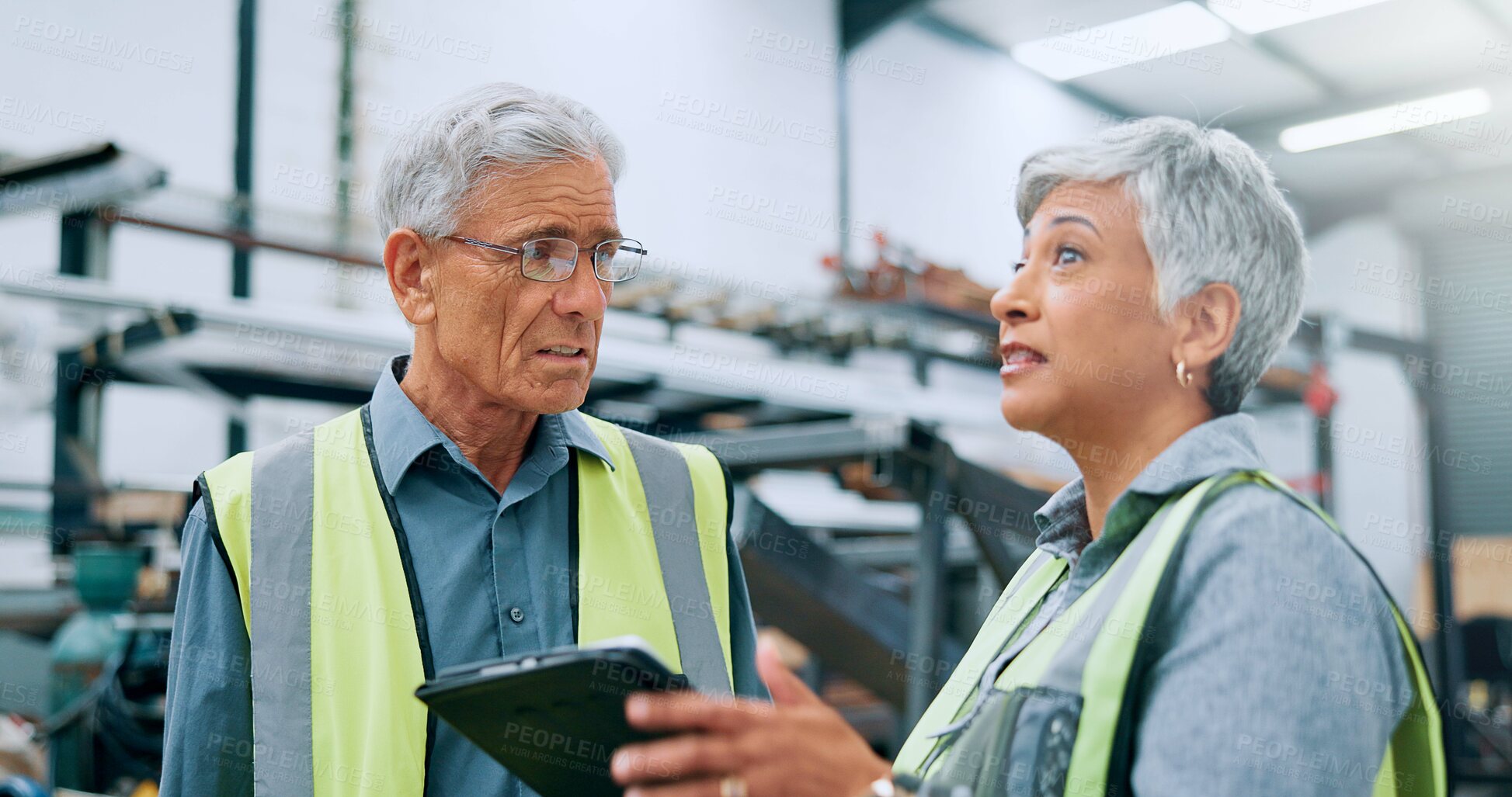 Buy stock photo People, mature engineer and tablet at factory for planning, supply chain and inventory management. Staff, teamwork and digital for manufacturing solution, logistics feedback and production checklist