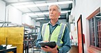 Man, engineer and thinking with tablet for distribution, manufacturing schedule and problem solving. Mature operator, tech and idea in factory for inspection, industrial plant and automation software