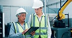 Women, robotics and meeting in lab, tablet and conversation with software update. Employees, engineering and people in warehouse, tech and inspection with digital app, design review or cooperation