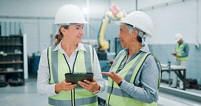 Buy stock photo People, robotics and discussion in lab, tablet and communication with machine learning. Employees, engineering and women in warehouse, technician and automation with app, design review or inspection
