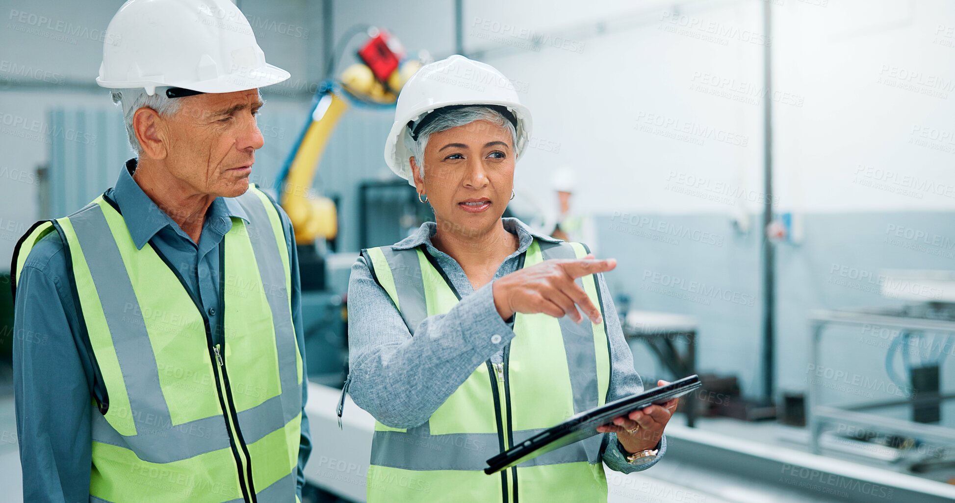 Buy stock photo People, robotics and conversation in factory, tablet and machine learning with inspection. Employees, engineering and workers with technician, help and meeting with digital app, advice or automation