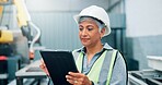 Woman, engineer and tablet with machine for factory inspection, robotics research and technical guide. Female technician, digital and production manual, automation safety and manufacturing checklist