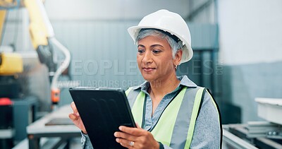 Buy stock photo Woman, engineer and tablet with machine for factory inspection, robotics research and technical guide. Female technician, digital and production manual, automation safety and manufacturing checklist