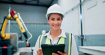 Buy stock photo Portrait, woman and engineer with tablet at factory of machine inspection, research and technical guide. Female technician, digital and production manual, automation safety and robotics manufacturing