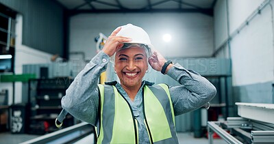 Buy stock photo Portrait, woman and engineer with helmet for robotics production, manufacturing career and industry. Happy, mature person and technician with automation safety, machine development and maintenance