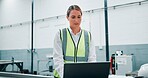 Engineer, laptop and woman in factory for robotics, manufacturing and assembly line. Computer, automation and worker research for production process, industry 4.0 or high tech software for innovation