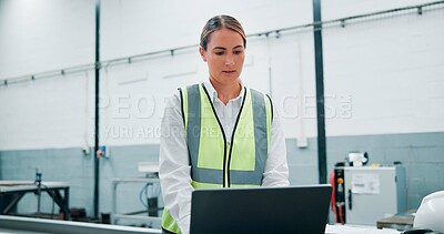 Buy stock photo Engineer, laptop and woman in factory for robotics, manufacturing and assembly line. Computer, automation and worker research for production process, industry 4.0 or high tech software for innovation